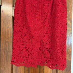 Talbots Size 8 Red pencil skirt lined excellent condition Lacy look overlay